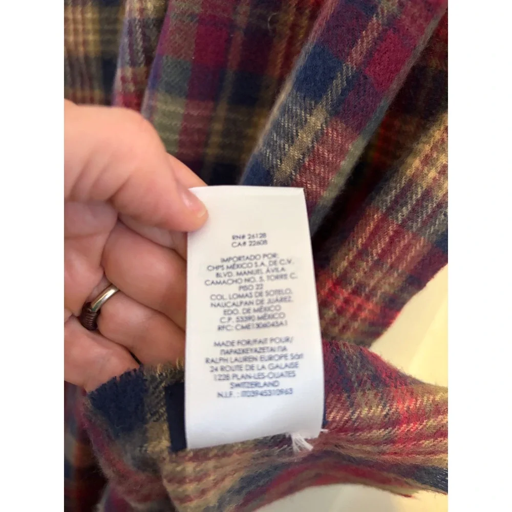 Chaps Ralph Lauren‎ Plaid Scarf Wrap Burgundy Navy Tan Tartan Frayed Edge Soft